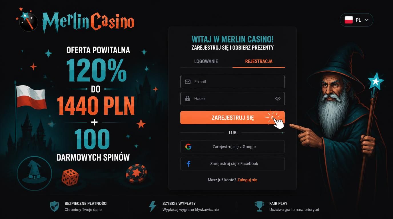 Rejestracja w Merlin Casino – formularz i bonus powitalny.