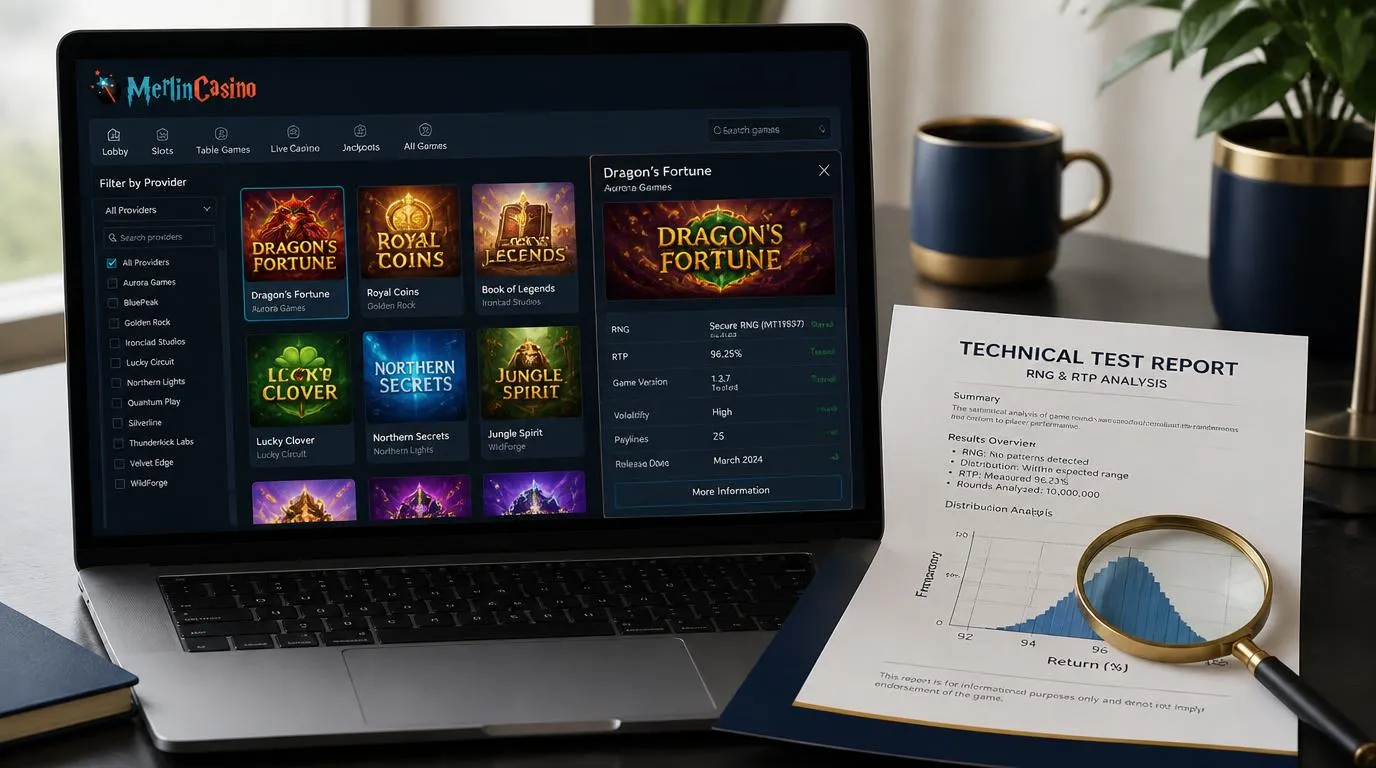 Biblioteka gier kasynowych z filtrem dostawców i panelem informacji o RNG, RTP oraz testach oprogramowania